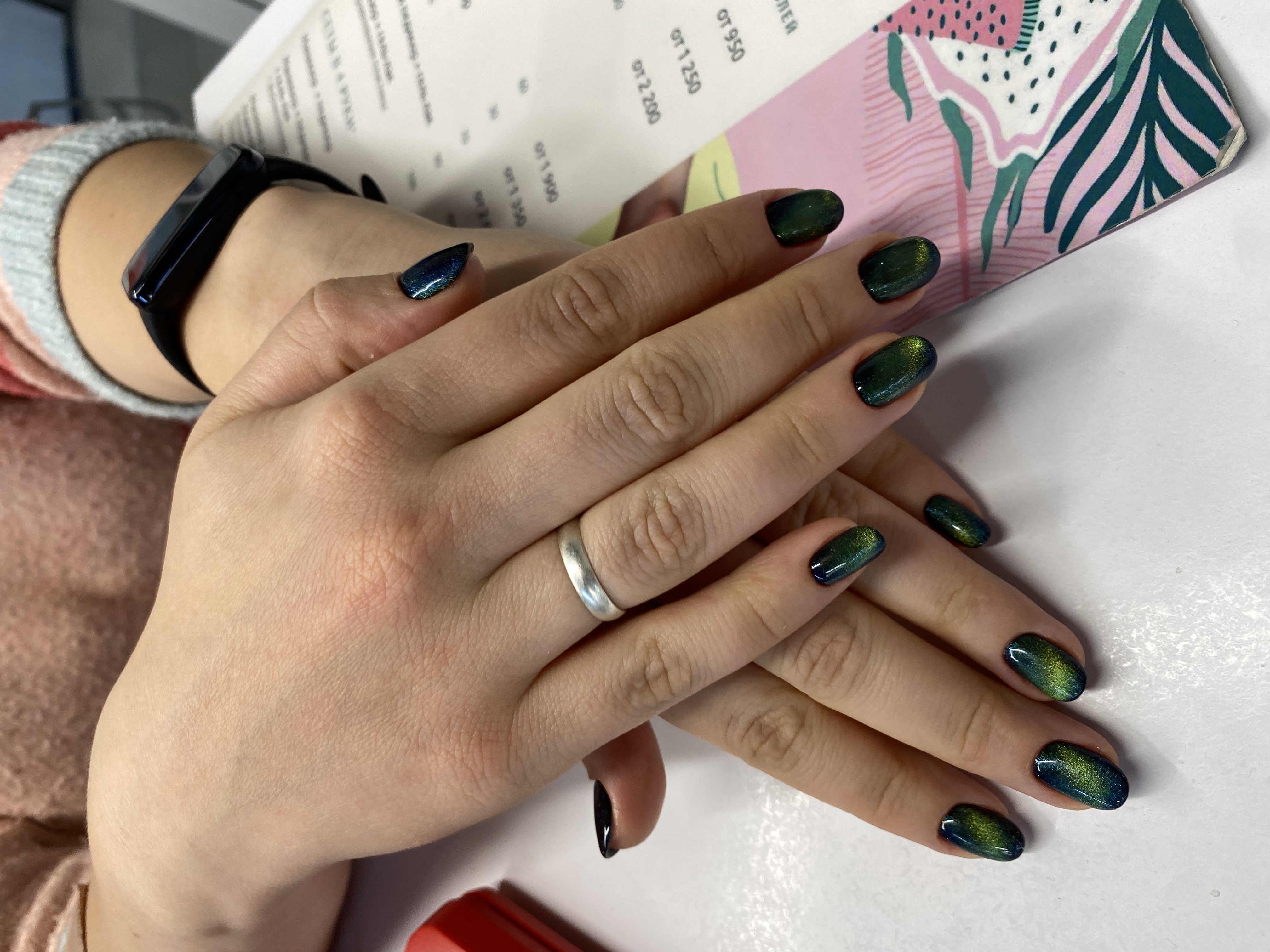 кошачий глаз, Маникюр, однотон, на каждый день, изумруд