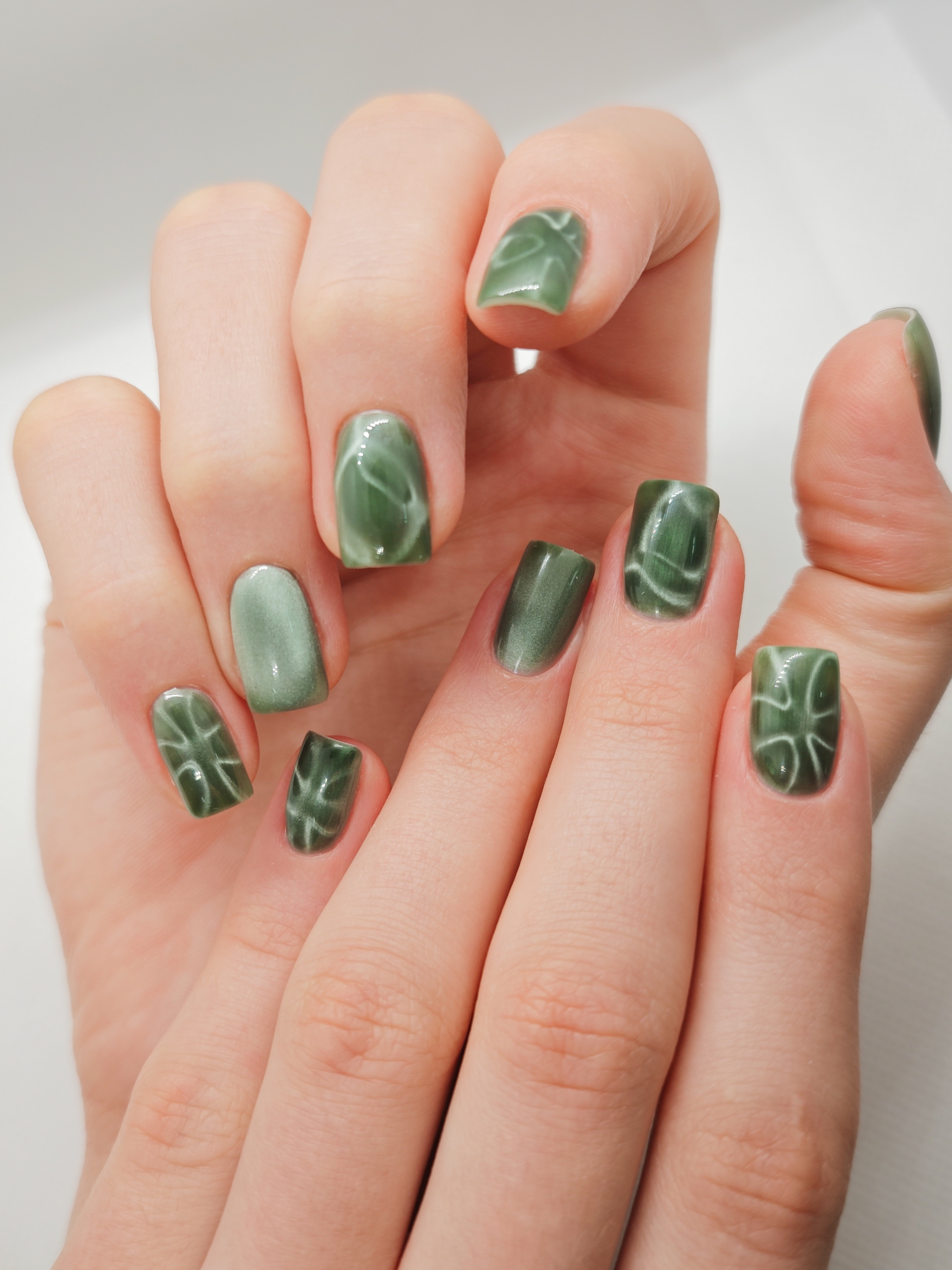 зеленый, Маникюр, оригинальный, на каждый день, однотон, кошачий глаз