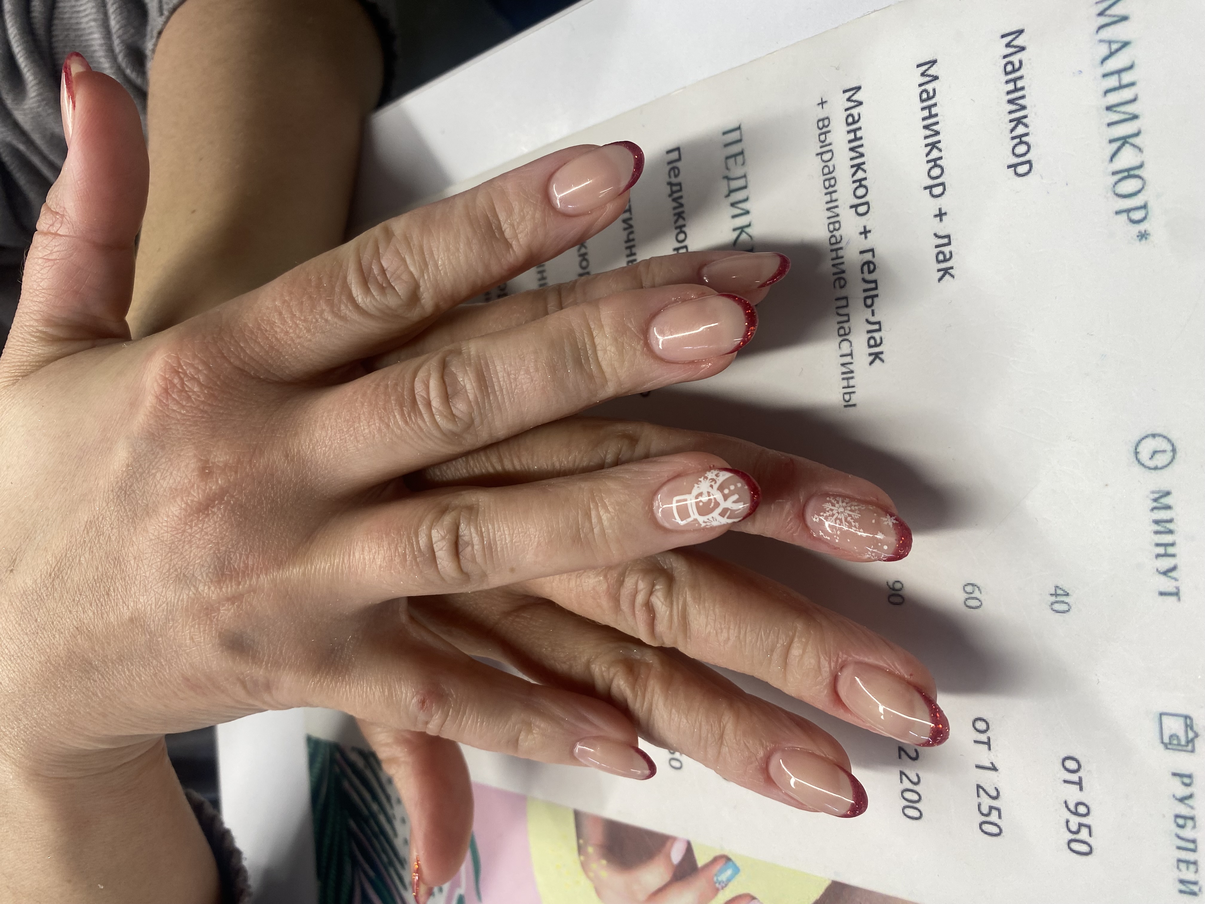 бесцветный, Маникюр, комбинированный, новогодний, дизайн, снеговик, блестки, френч