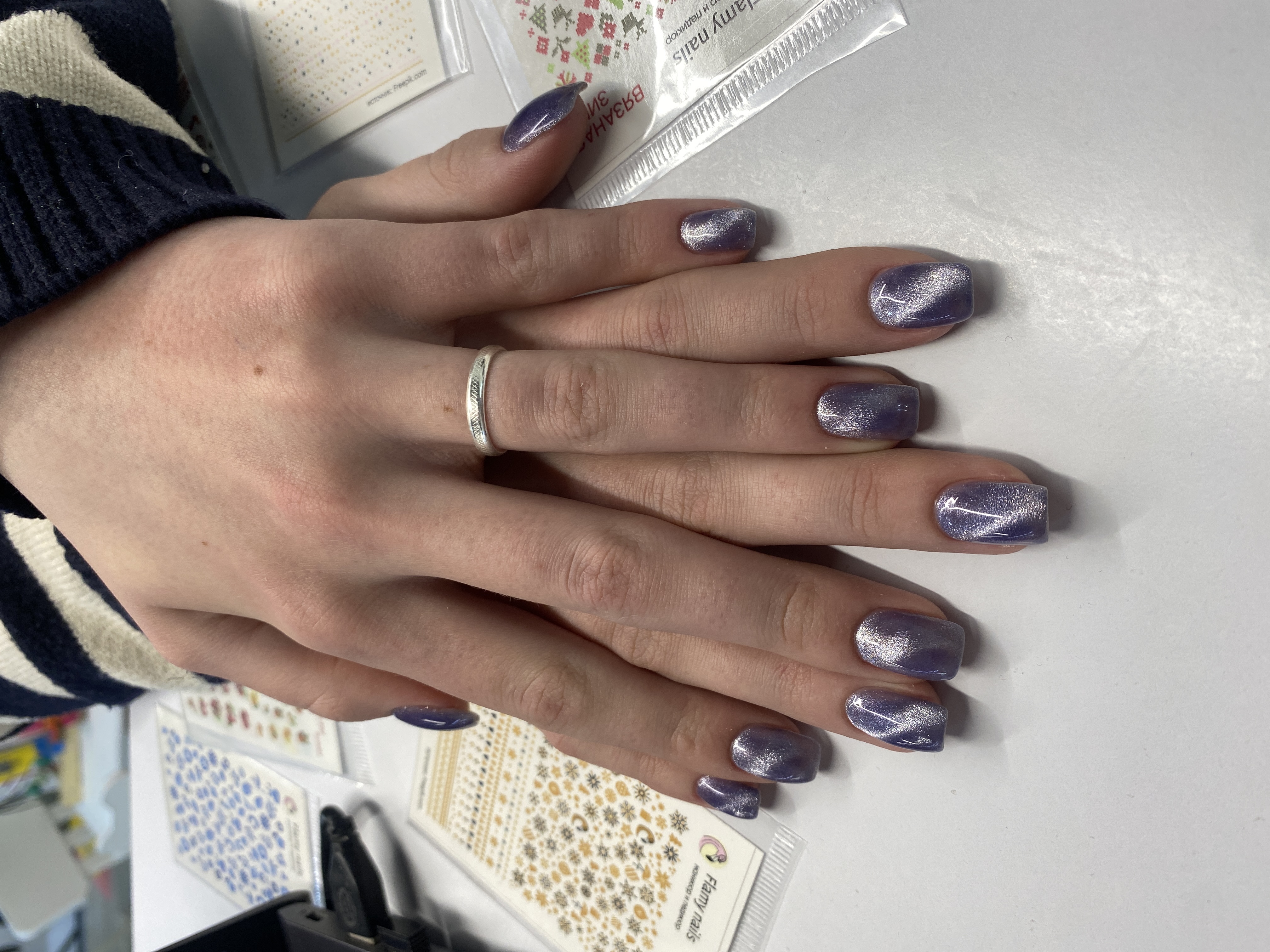 кошачий глаз, Маникюр, на каждый день, синий с серебром, однотон