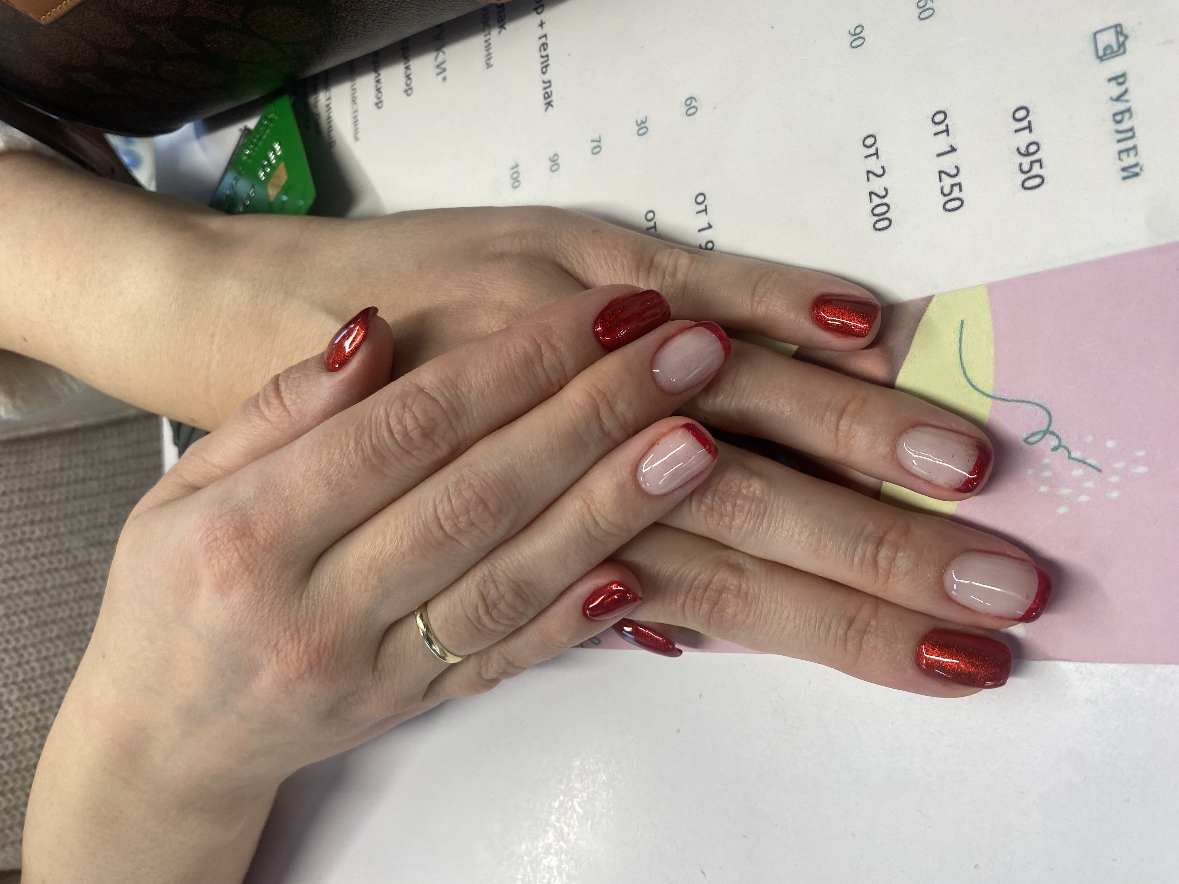 красный, Маникюр, втирка, комбинированный, глиттер, френч, дизайн