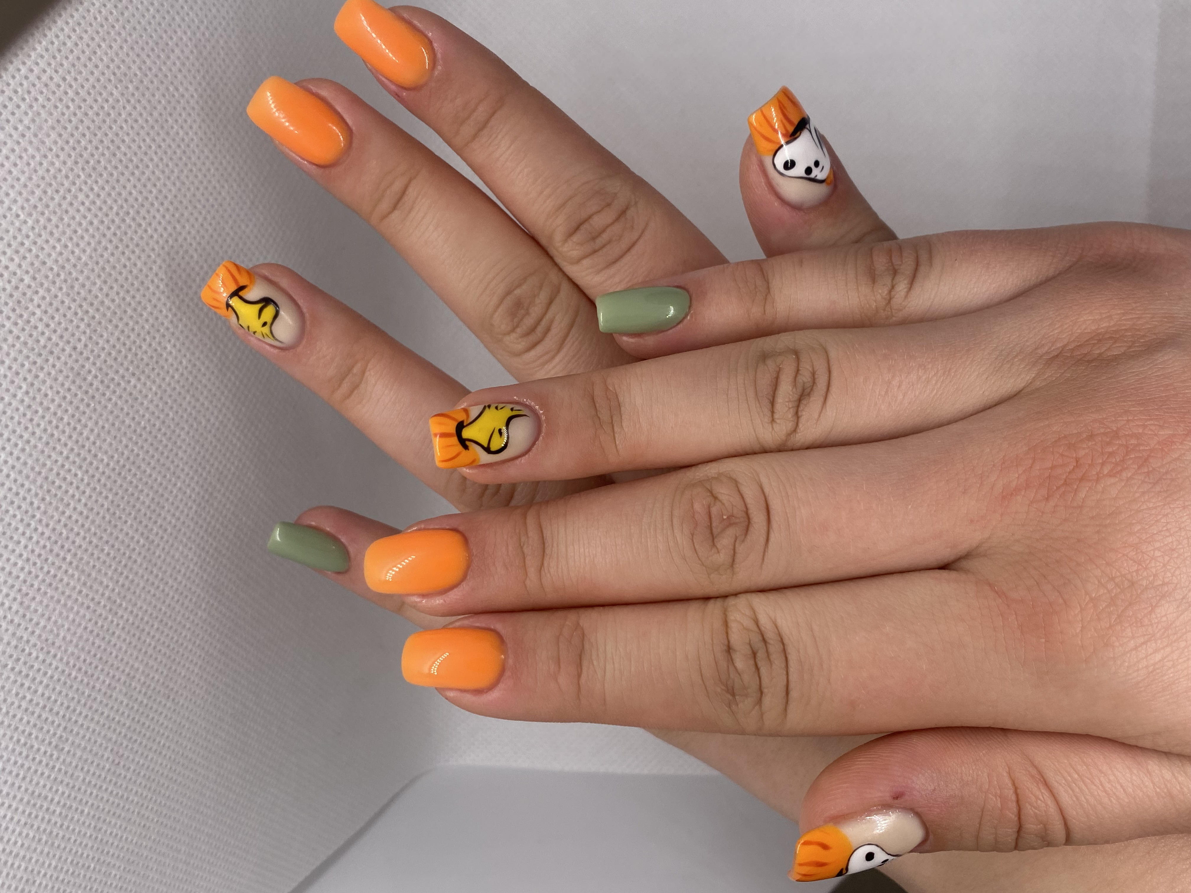 оригинальный, дизайн, Маникюр, оранжевый, морда собаки, комбинированный