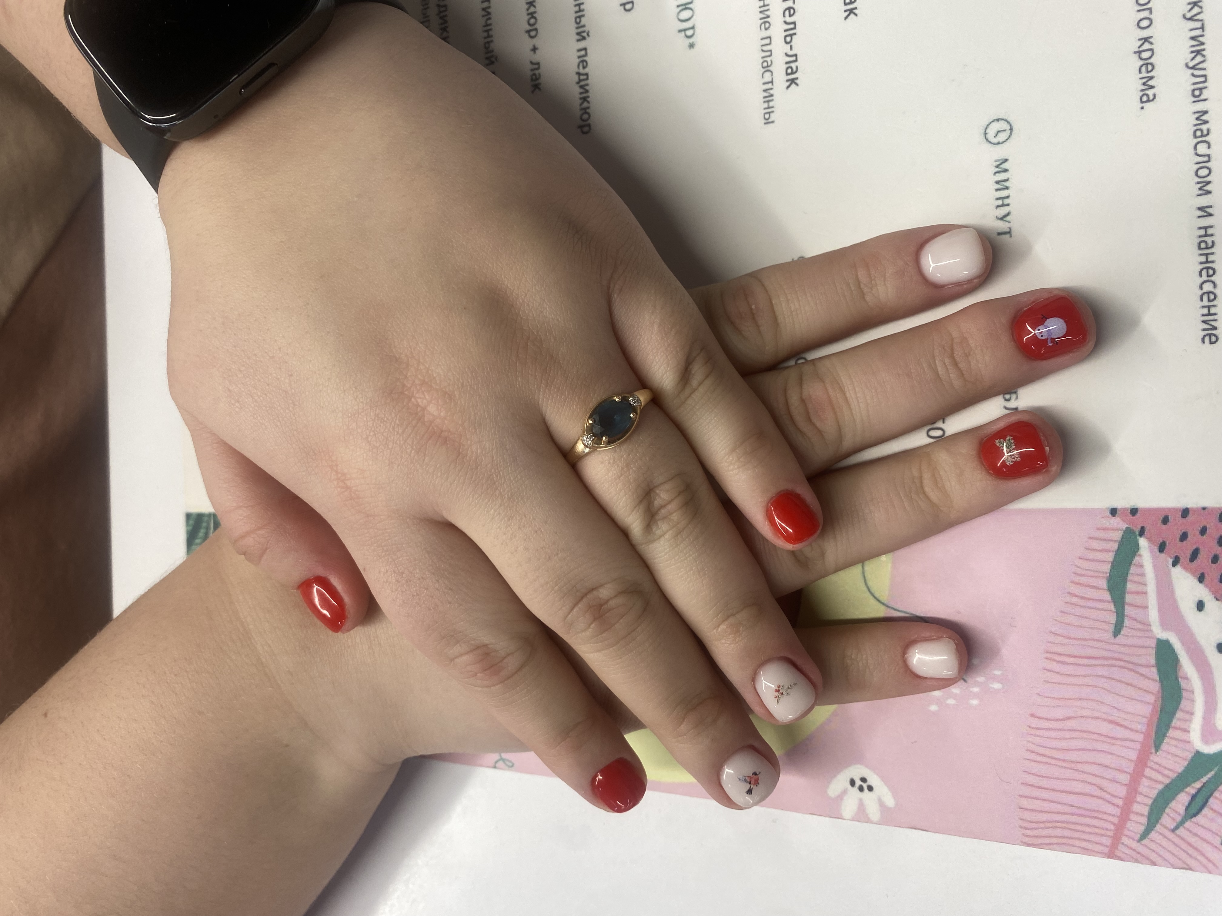 комбинированный, красный, дизайн, Маникюр, новогодний, наклейка, снеговик