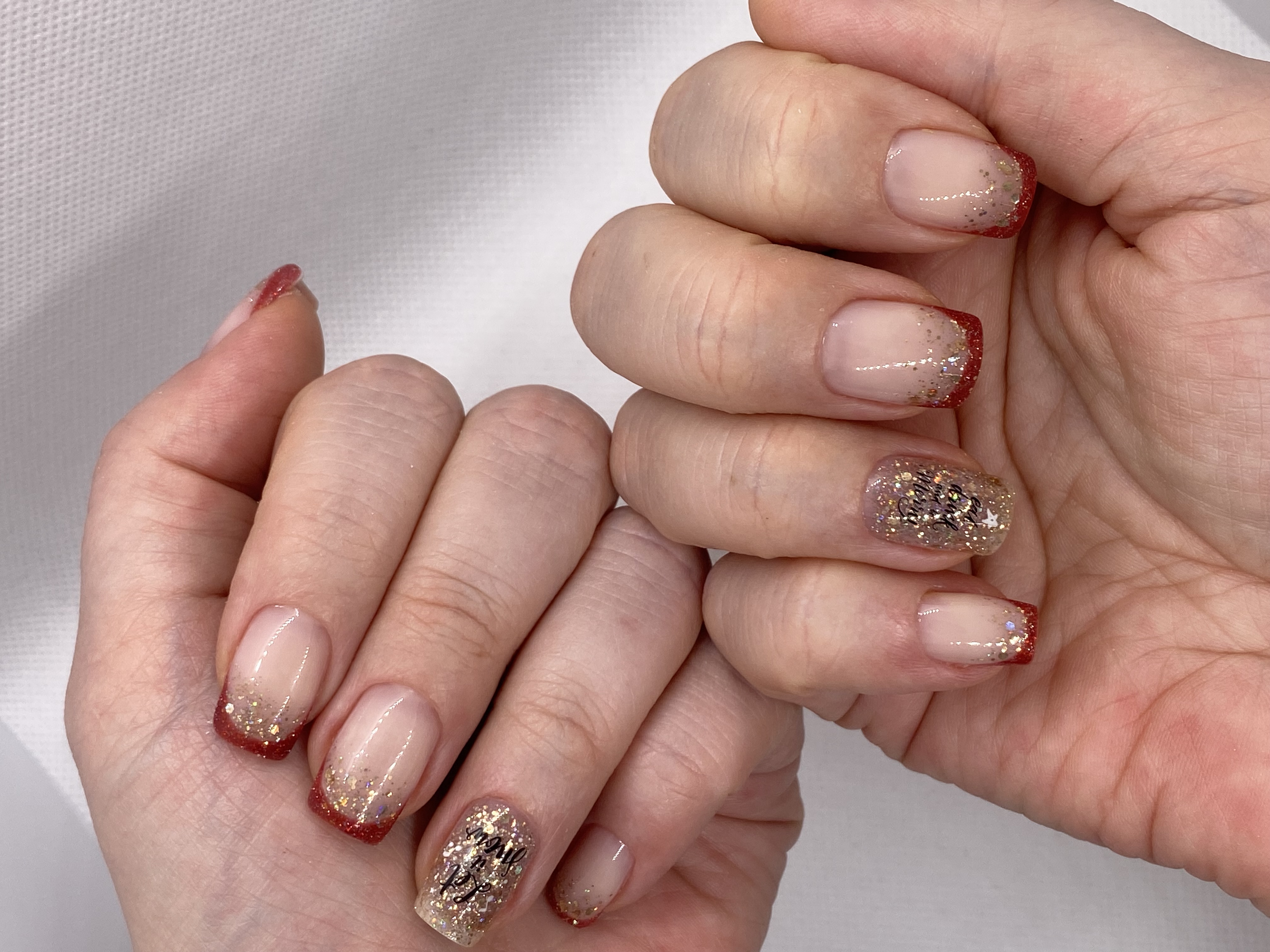 бесцветный, комбинированный, дизайн, блестки, Маникюр, надпись, френч