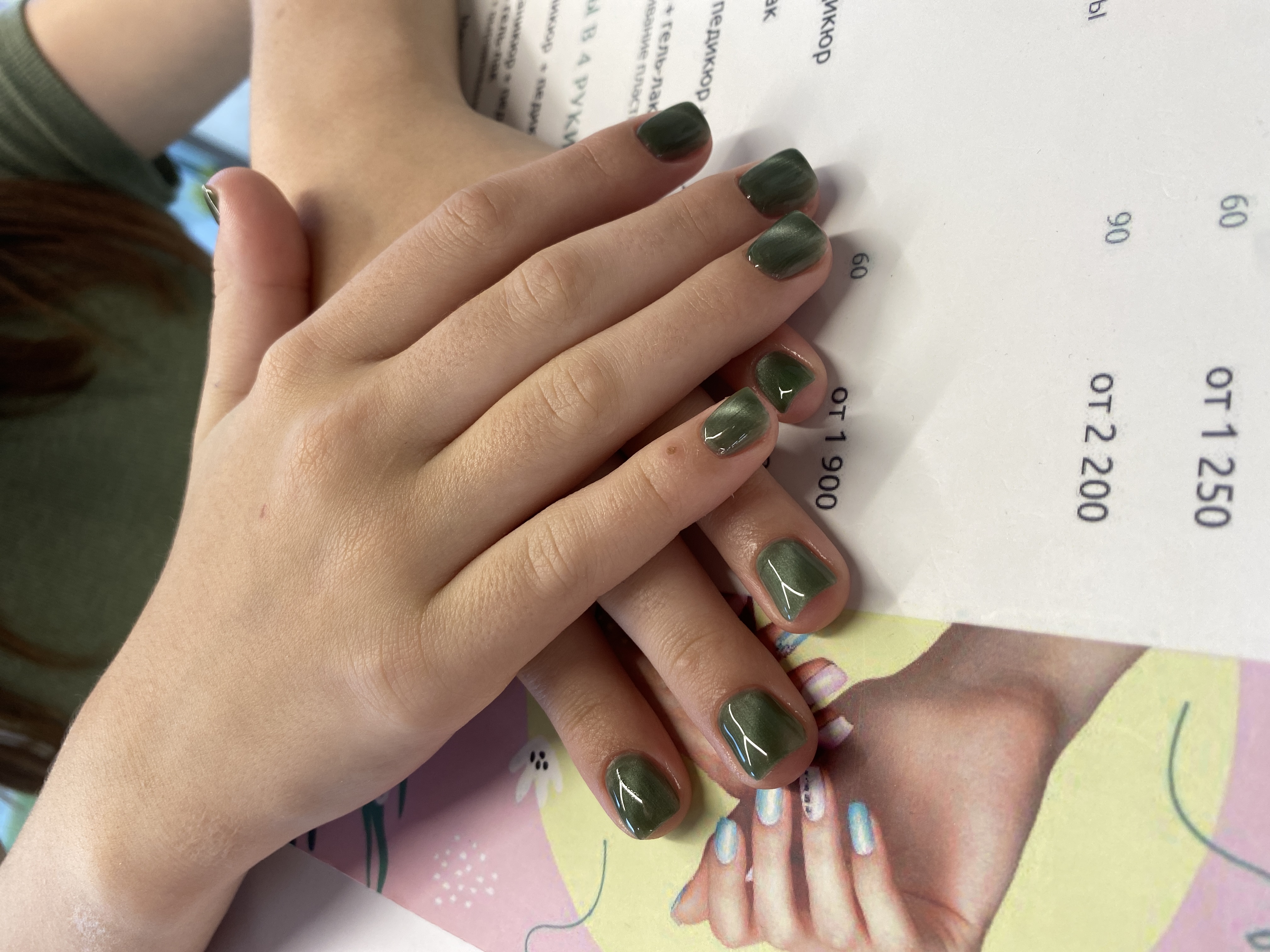 оливковый, однотон, нежный, нюд, кошачий глаз, Маникюр