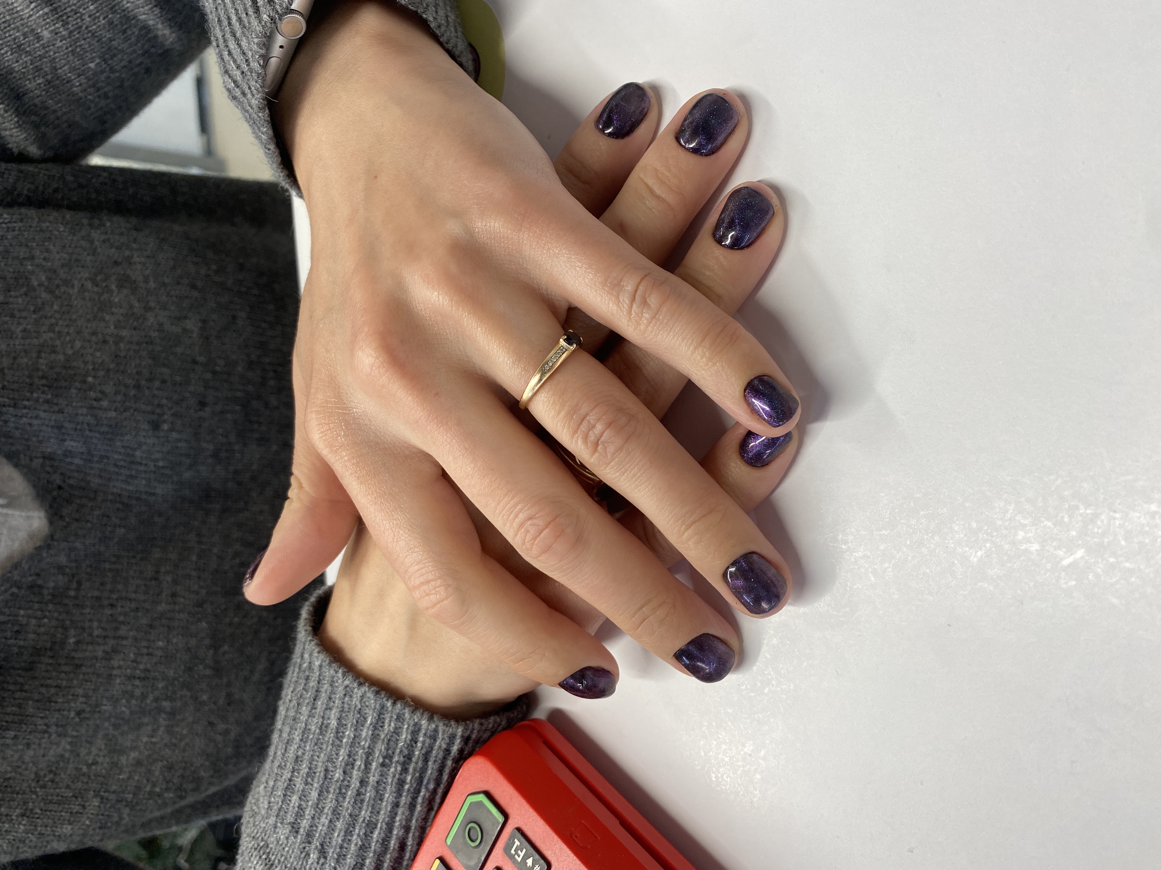 Маникюр, кошачий глаз, однотон, на каждый день, темносиний