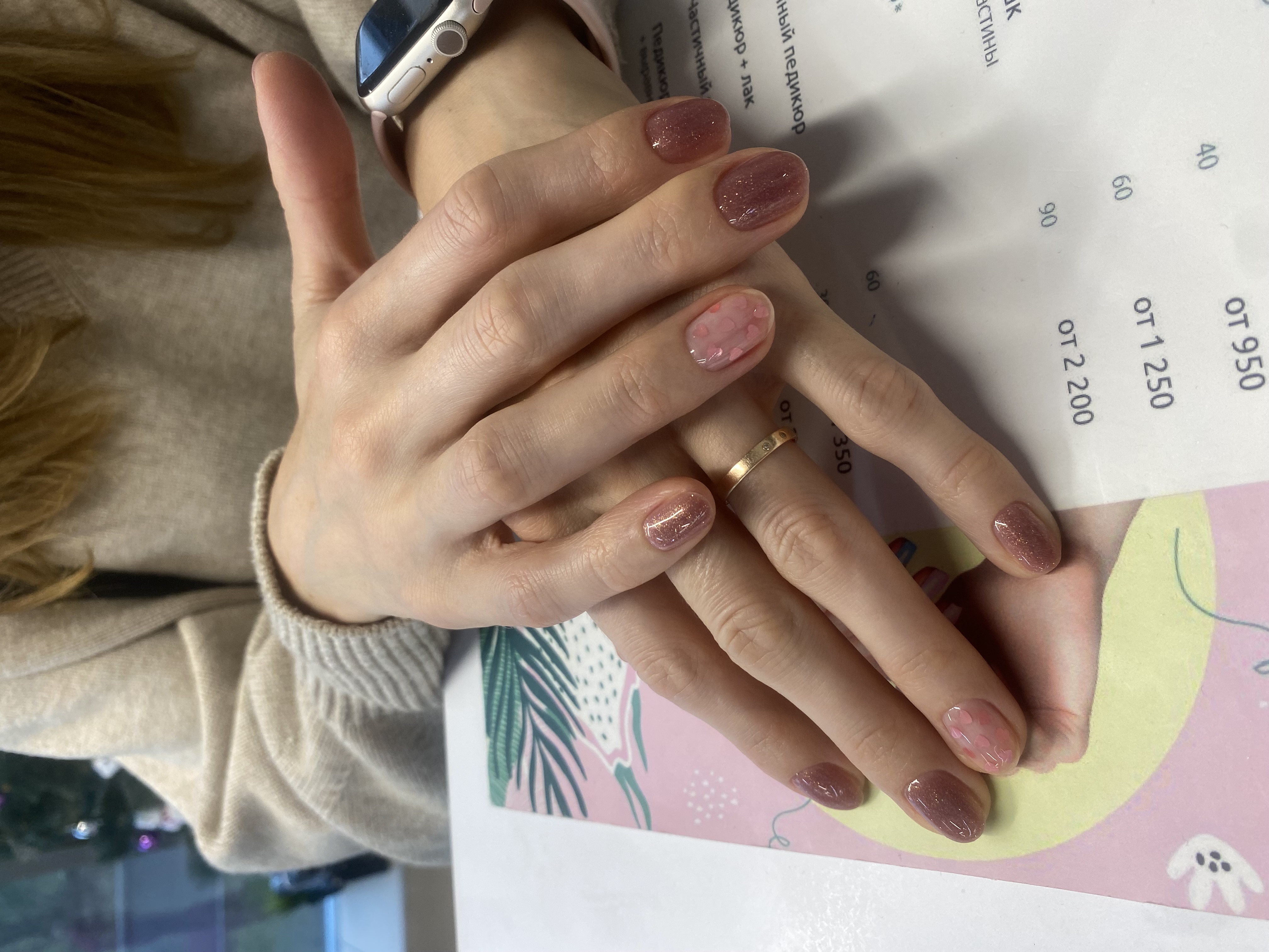 комбинированный, лак с блестками, Маникюр, Топ сердечки, баклажан, на каждый день