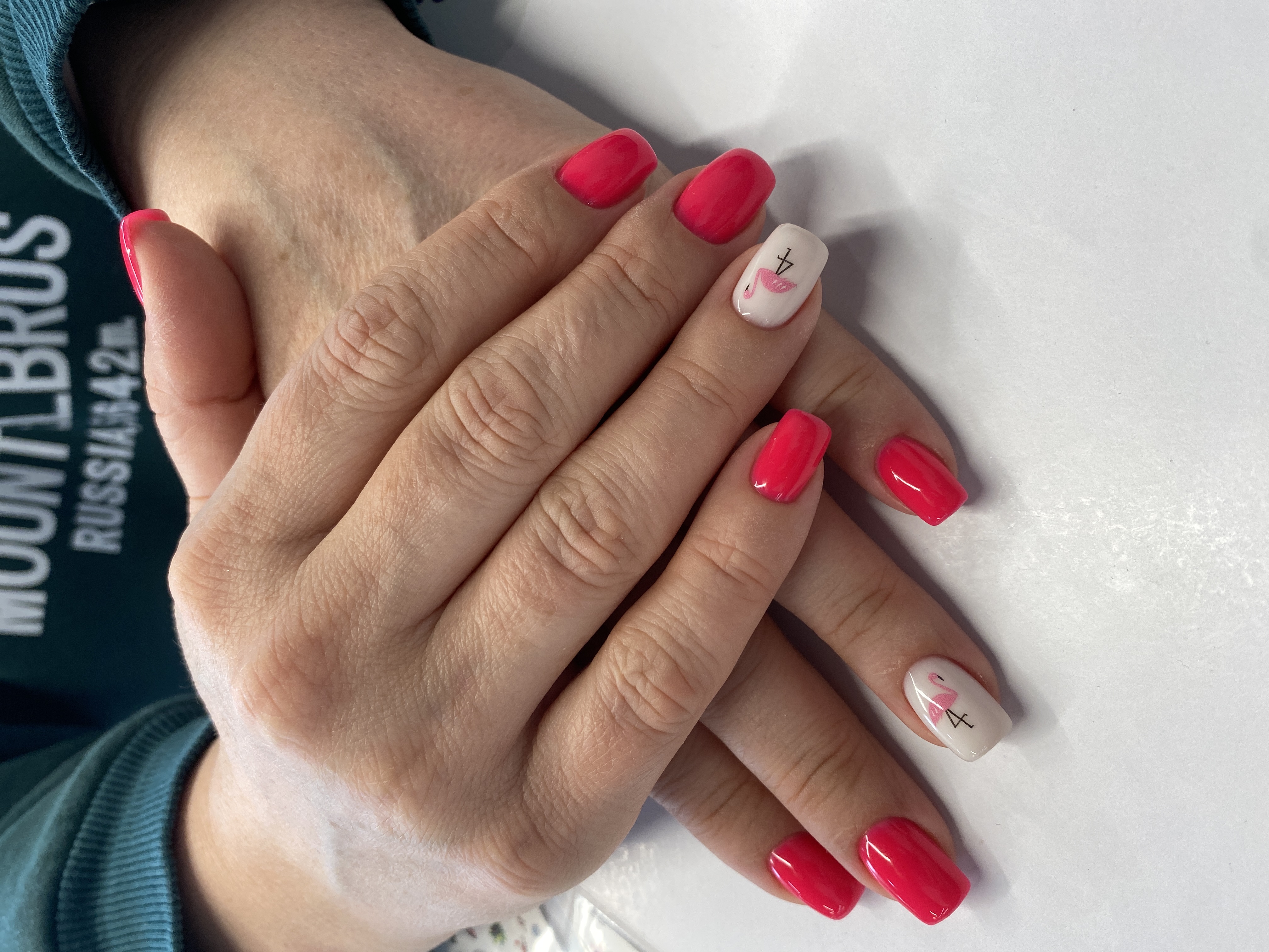 коралловый, комбинированный, Маникюр, дизайн, новый год, наклейка, фламинго