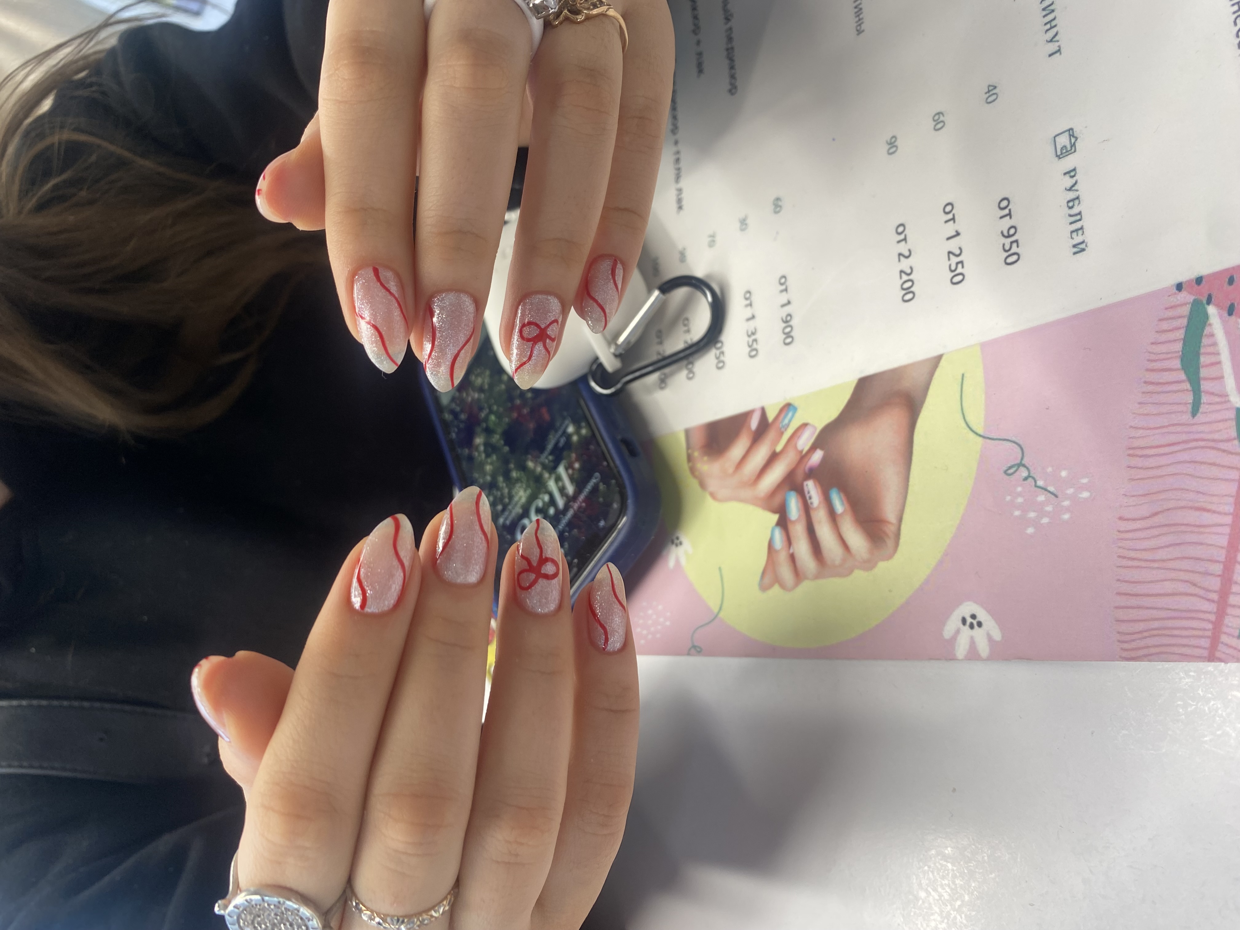 серебро, комбинированный, Маникюр, дизайн, бантик, линии, лак с блестками, праздничный