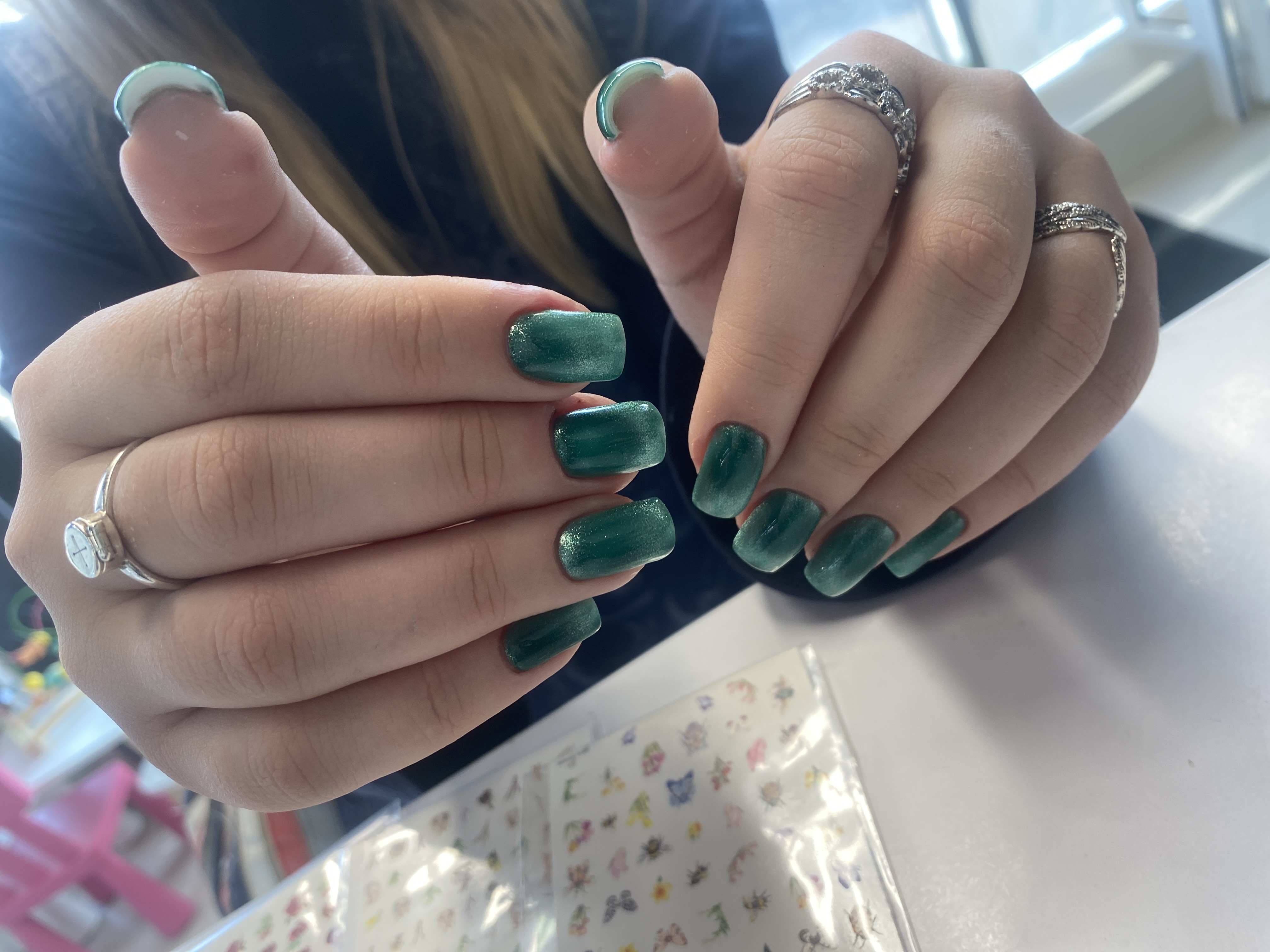 изумруд, на каждый день, Маникюр, однотон, кошачий глаз