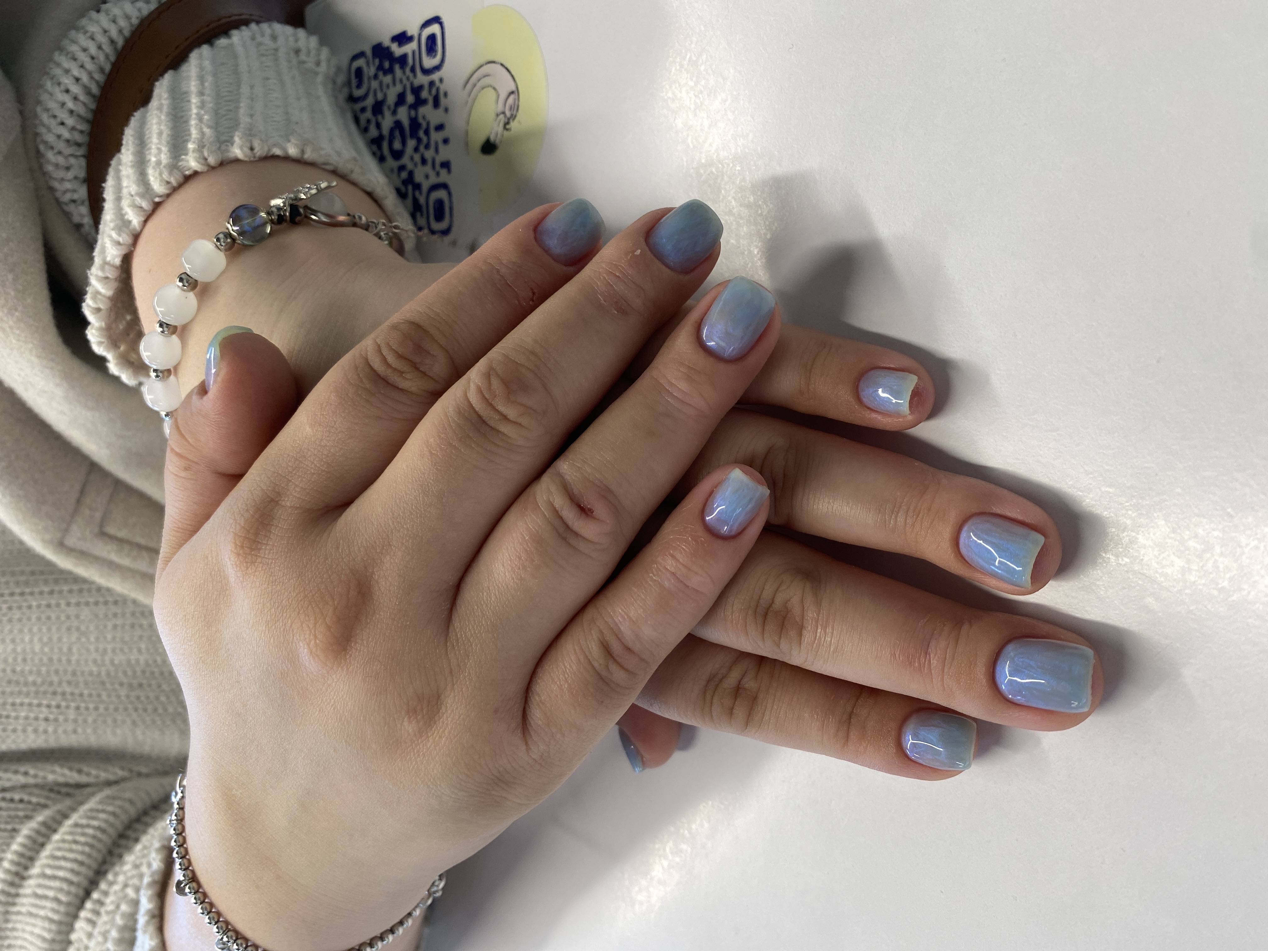 Маникюр, однотон, лак с блестками, нежный, голубой, на каждый день