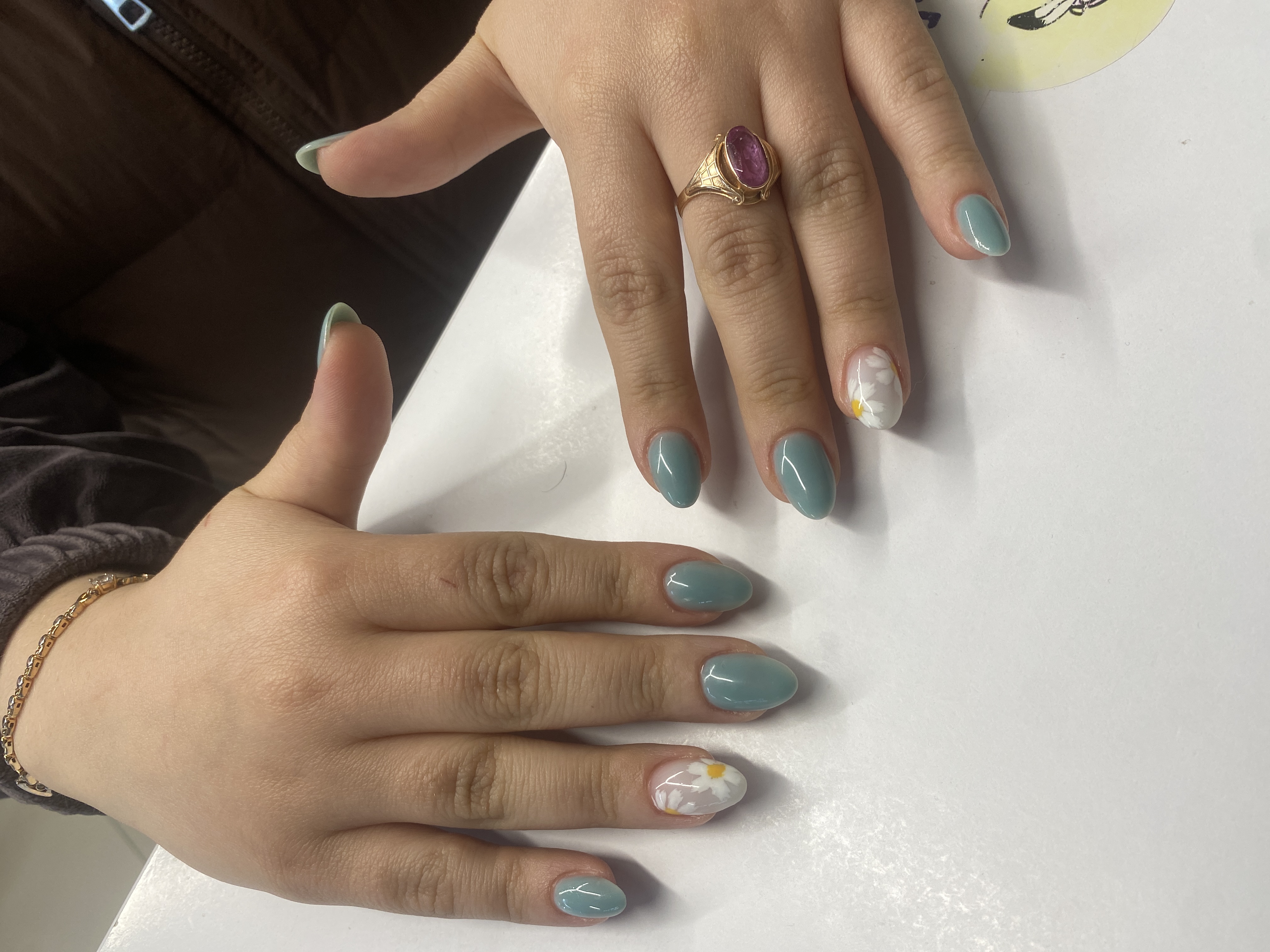 комбинированный, ромашки, голубой, дизайн, Маникюр, минимализм, на каждый день