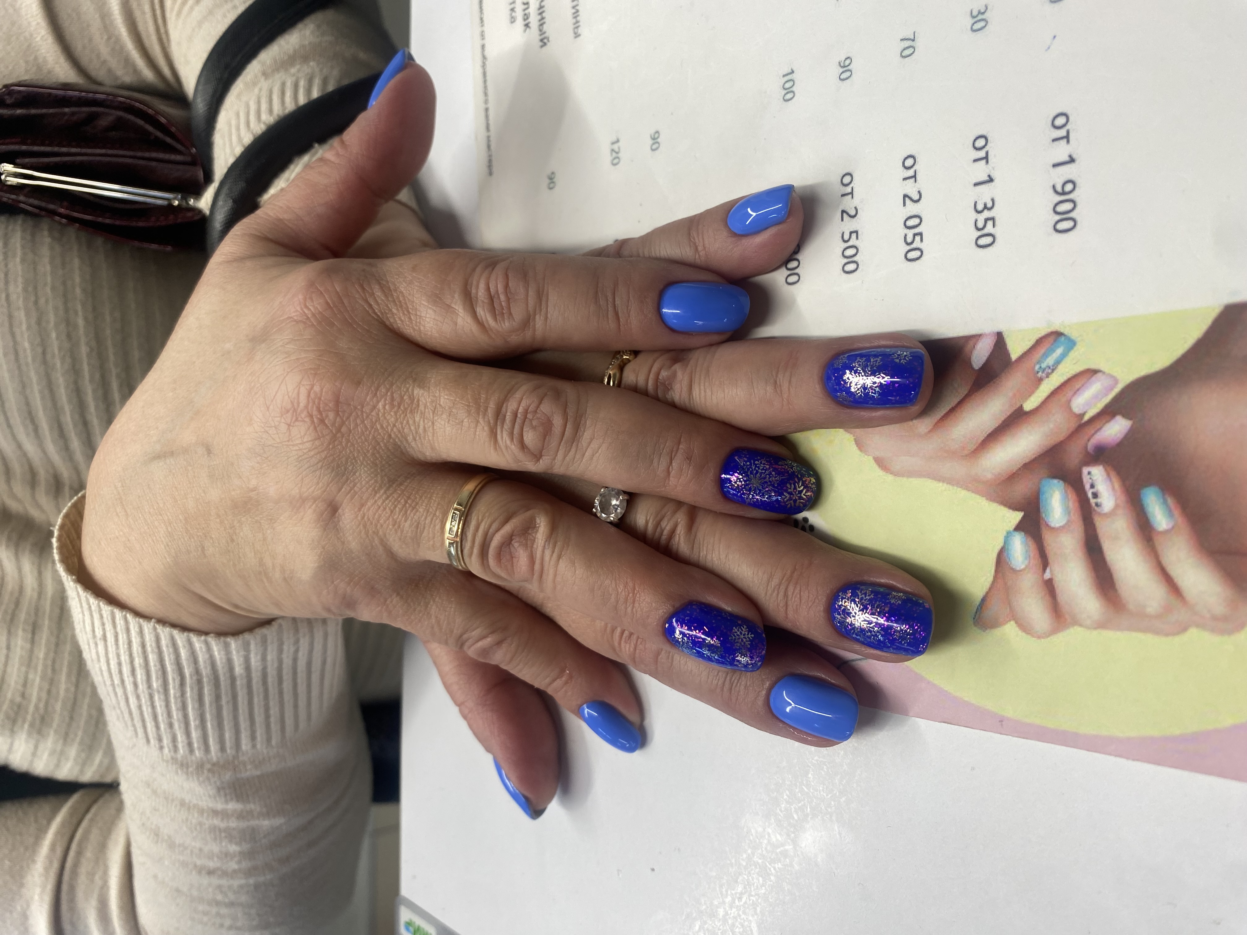 синий, комбинированный, дизайн, новогодний, Стемпинг, снежинка, блестки, Маникюр