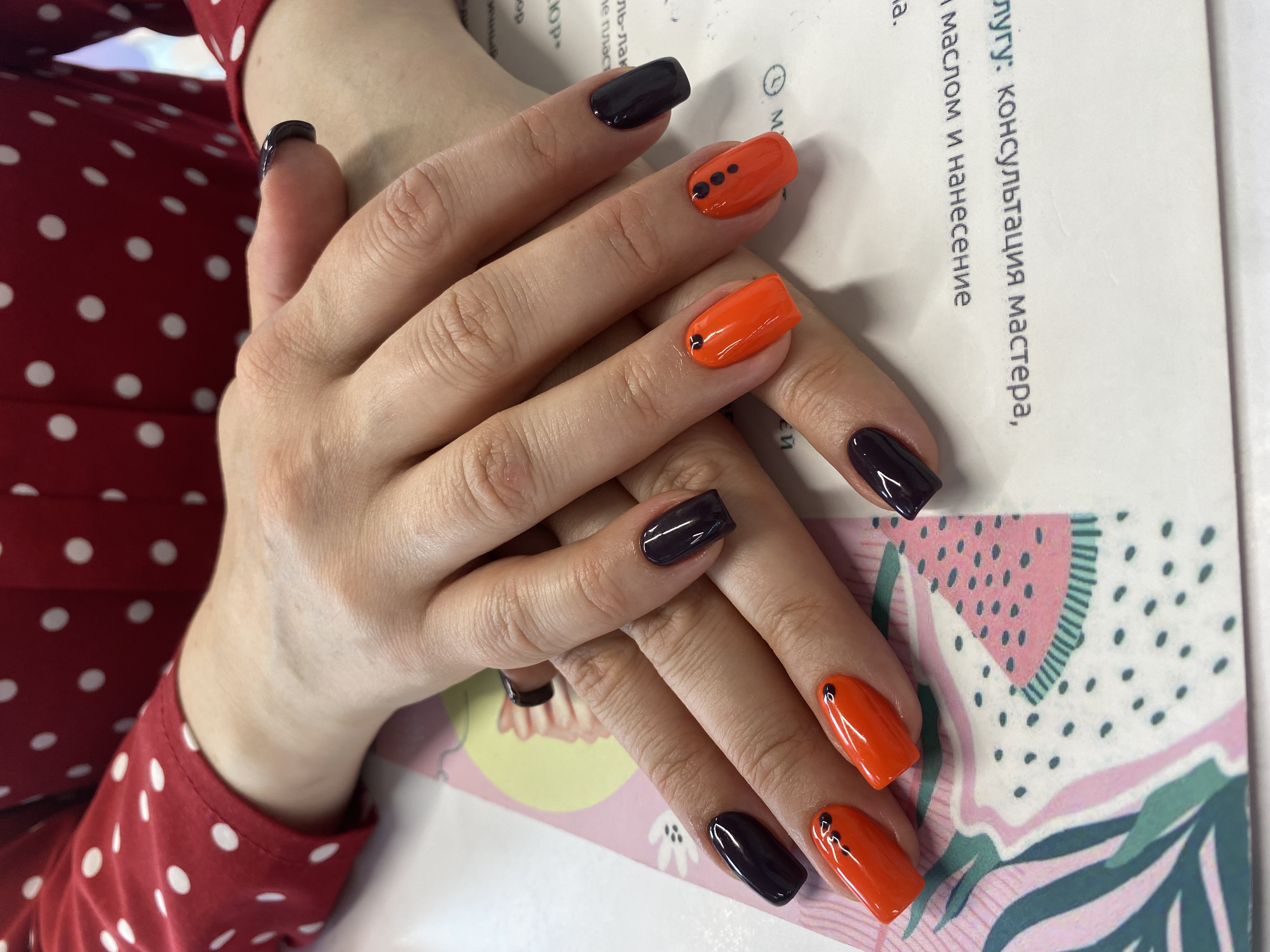 точки, комбинированный, дизайн, Маникюр, минимализм, оранжевый