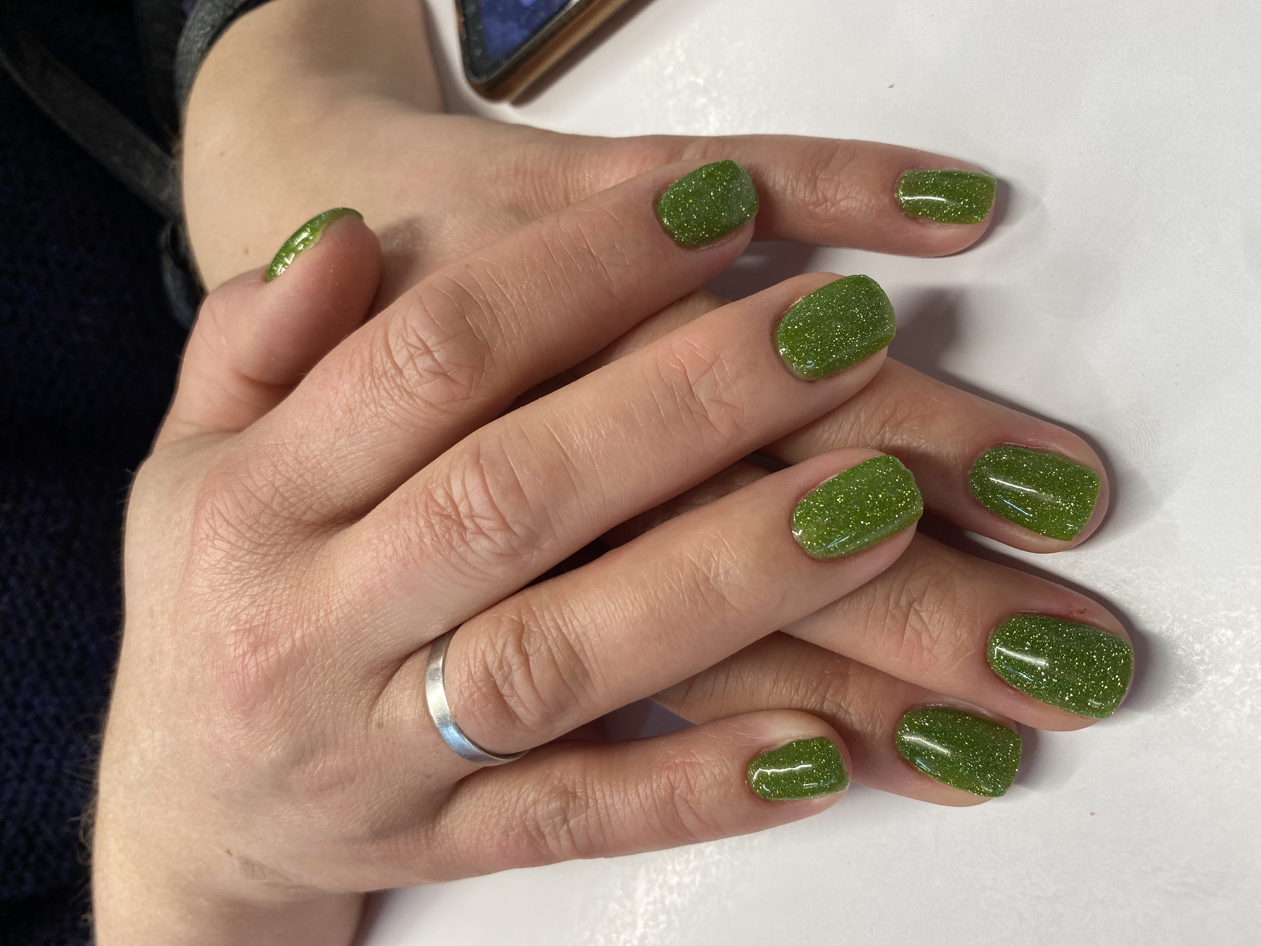 однотон, лак с блестками, Маникюр, зеленый, на каждый день
