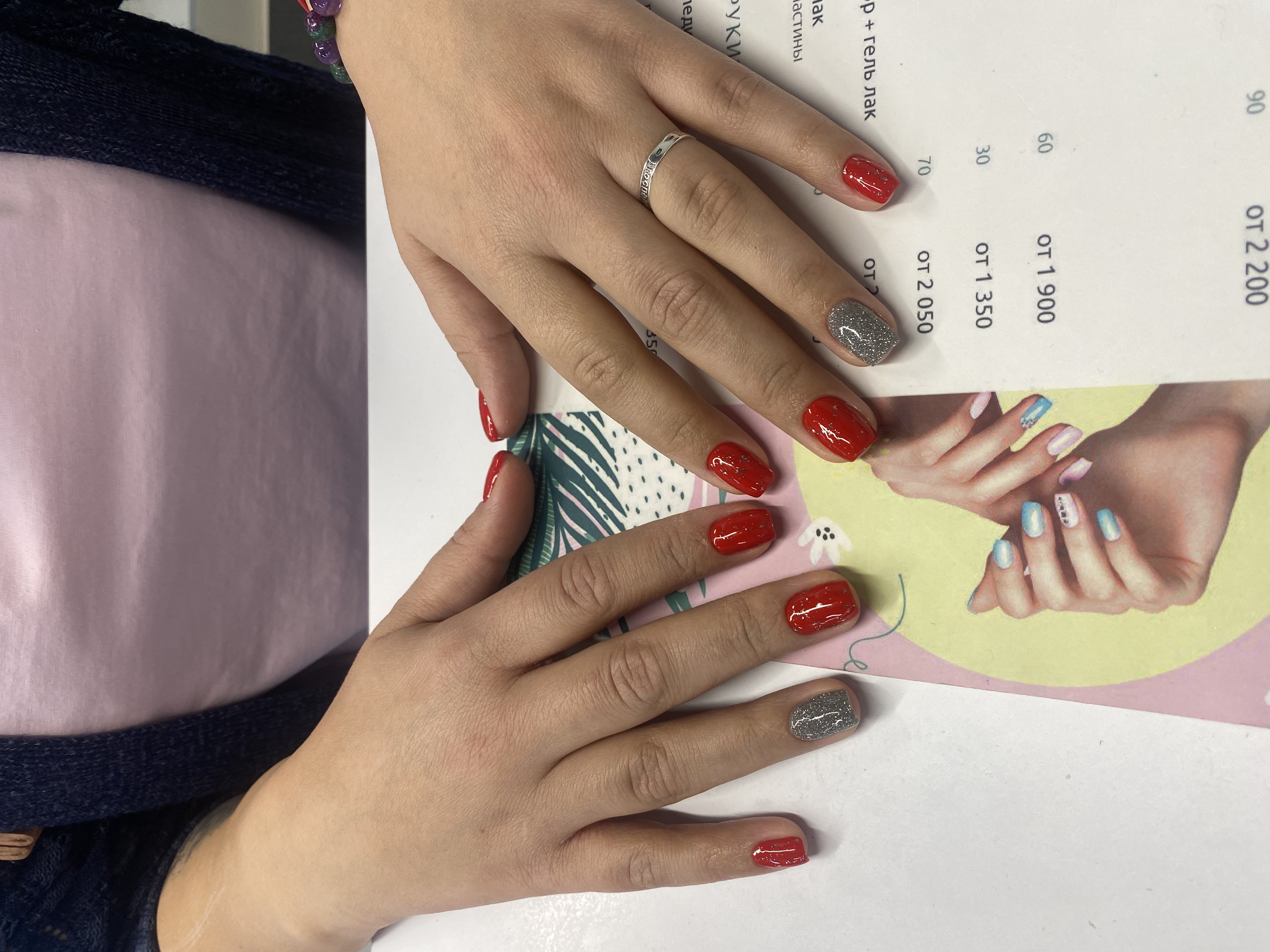 Маникюр, на каждый день, комбинированный, красный, лак с блестками