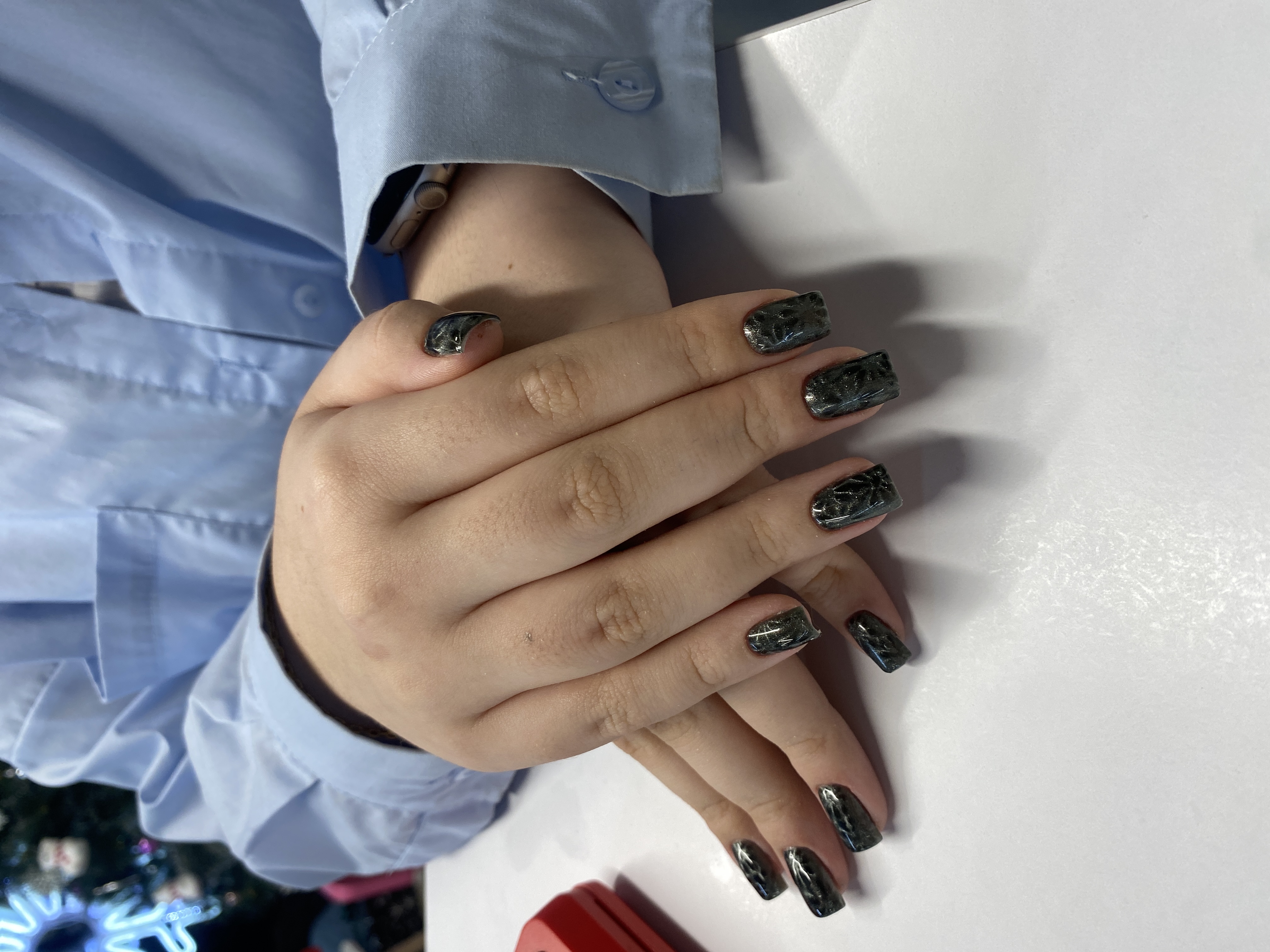 Маникюр, однотон, на каждый день, изумруд, кошачий глаз