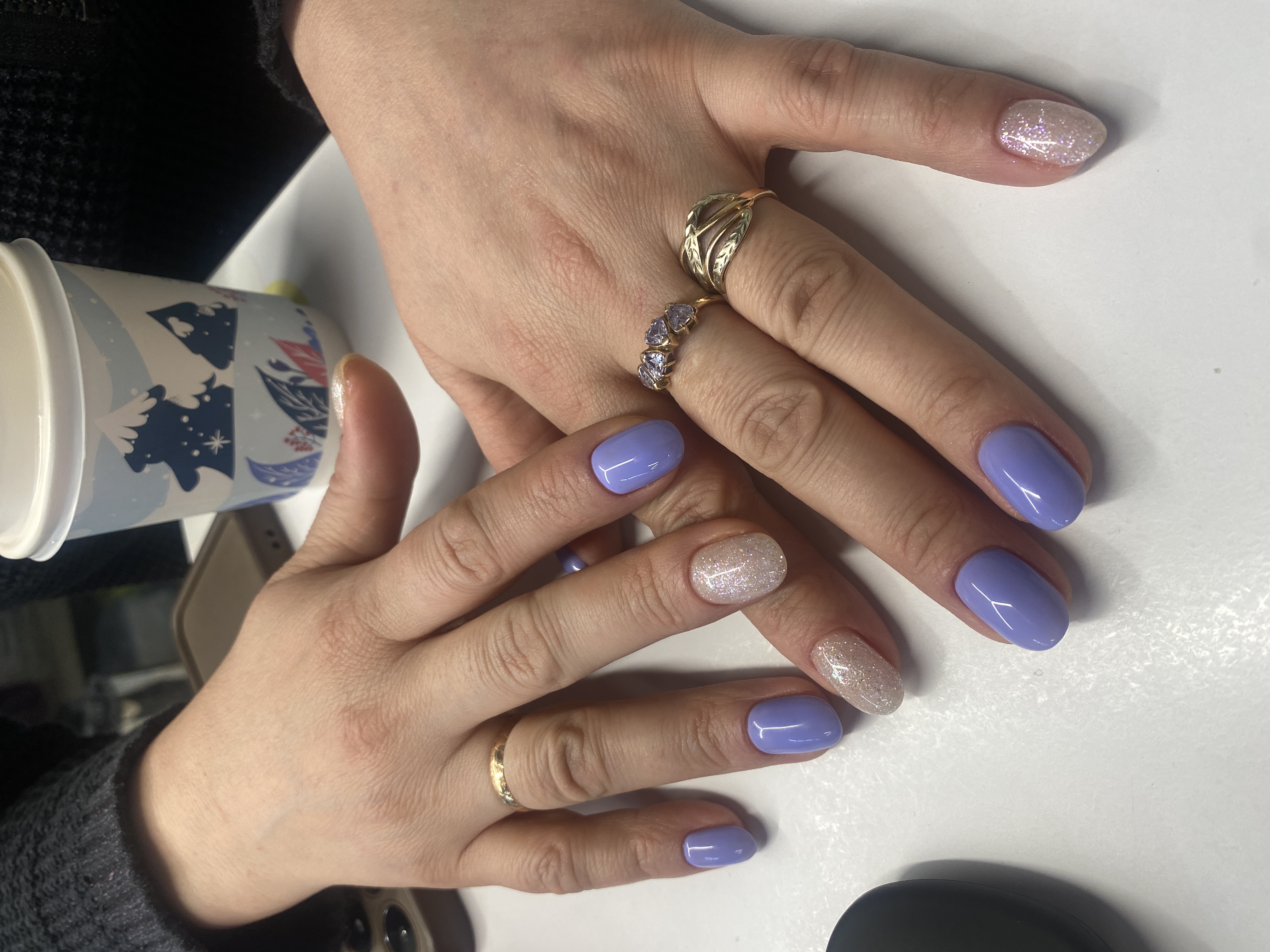 голубой, Маникюр, лак с блестками, комбинированный, на каждый день