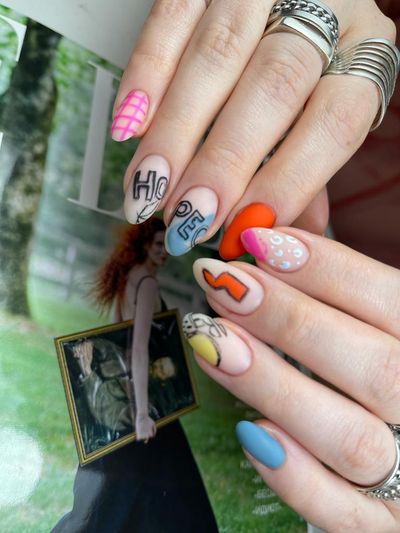 дизайн, матовый, рисунок, абстракция, надпись, геометрия, сетка, разные цвета, голубой, оранжевый, розовый, черный, желтый