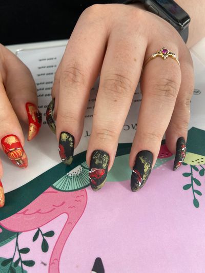 дизайн, матовый, китайский фольклор, фольга, иероглифы, драконы, фонарики, клювик, красный, черный, белый, зеленый, желтый, золото