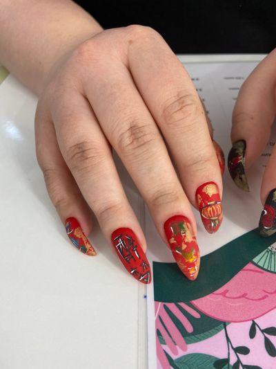 дизайн, матовый, китайский фольклор, фольга, иероглифы, драконы, фонарики, клювик, красный, черный, белый, зеленый, желтый, золото