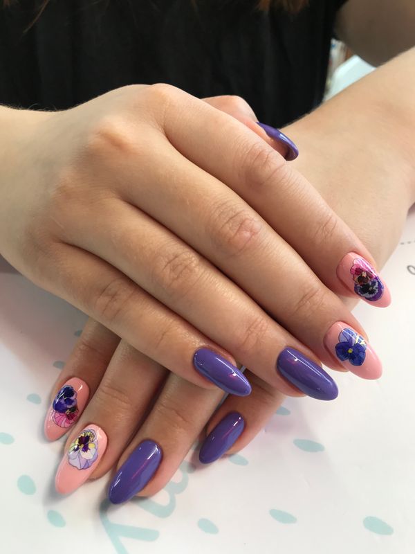 глянцевый, синий, Маникюр, комбинированный, дизайн, наклейка, цветы, минимализм