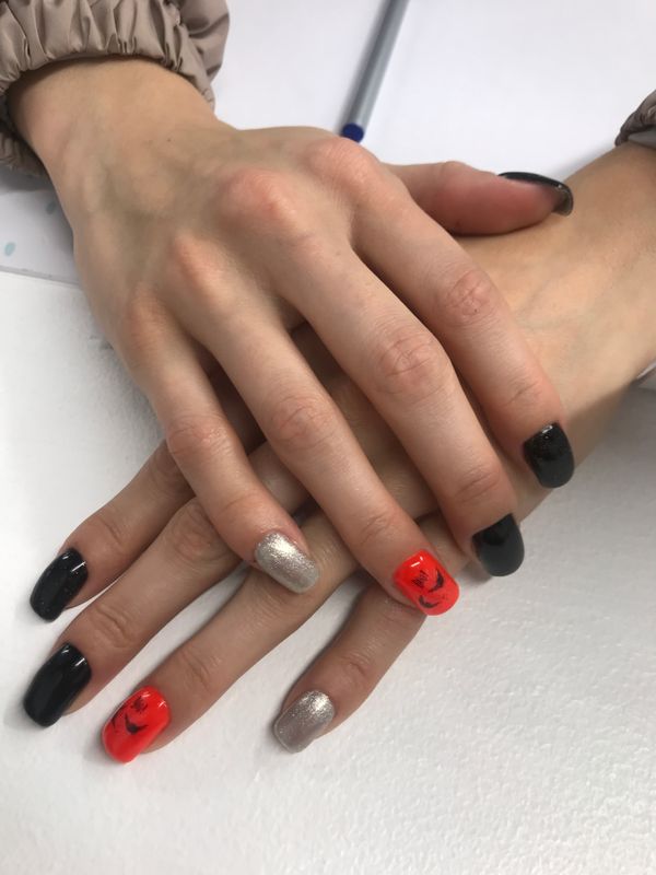 Маникюр, разноцветный, глянцевый, дизайн, хелуин, шиммер