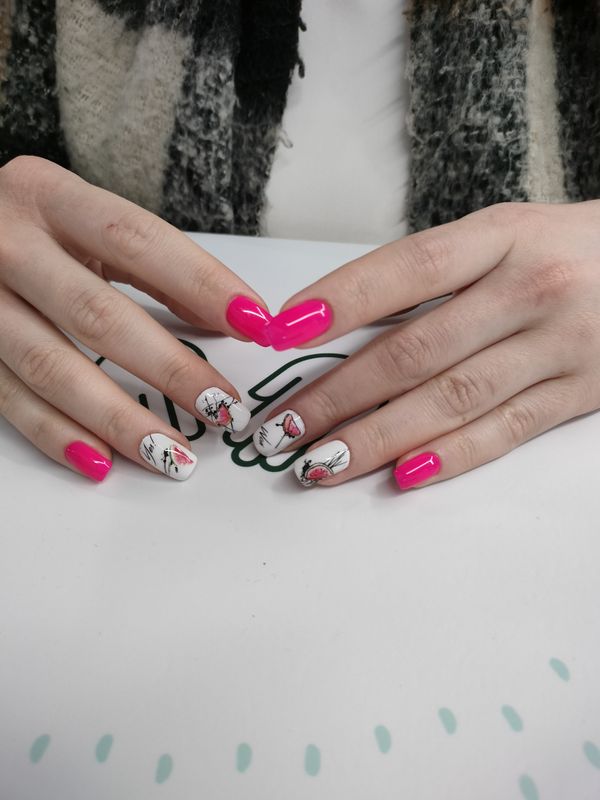 Маникюр, разная длинна, розовый, глянцевый, комбинированный, дизайн, абстракция, надпись, арбуз, оригинальный