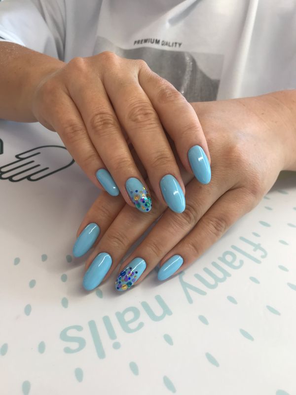 Маникюр, голубой, дизайн, глянцевый, камифубуки