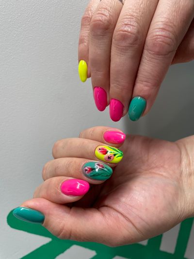 дизайн, глянцевый, рисунок, цветы, разные цвета, желтый, зеленый, мята, розовый