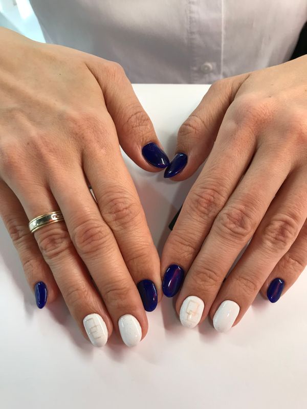 глянцевый, синий, комбинированный, Маникюр, дизайн, наклейка, геометрия, минимализм, лак с блестками