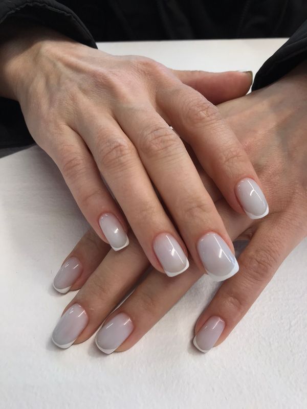 глянцевый, серый, нюд, однотон, Маникюр, дизайн, френч, классический