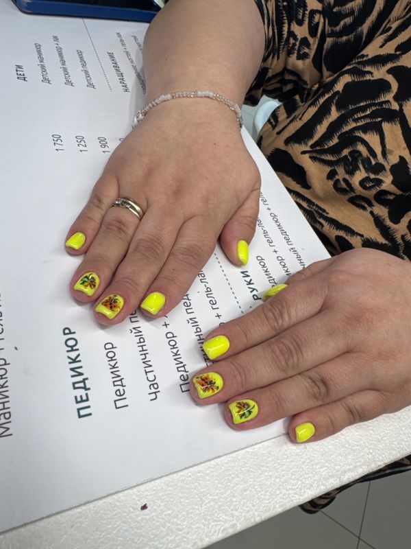 глянцевый, желтый, однотон, Маникюр, дизайн, наклейка, цветы