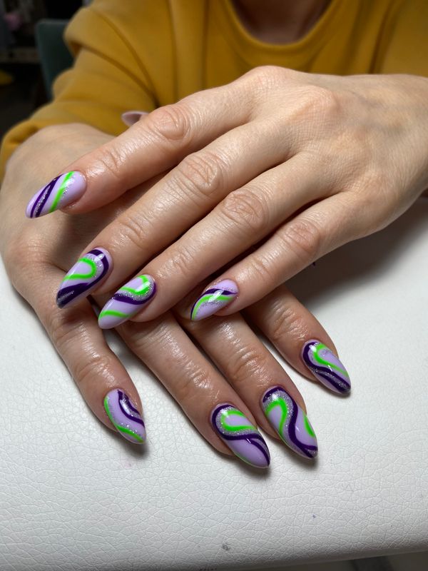 Маникюр, разноцветный, глянцевый, дизайн, абстракция, блестки, зигзаг, линии