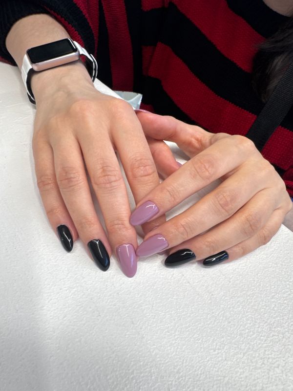 глянцевый, черный, Маникюр, комбинированный