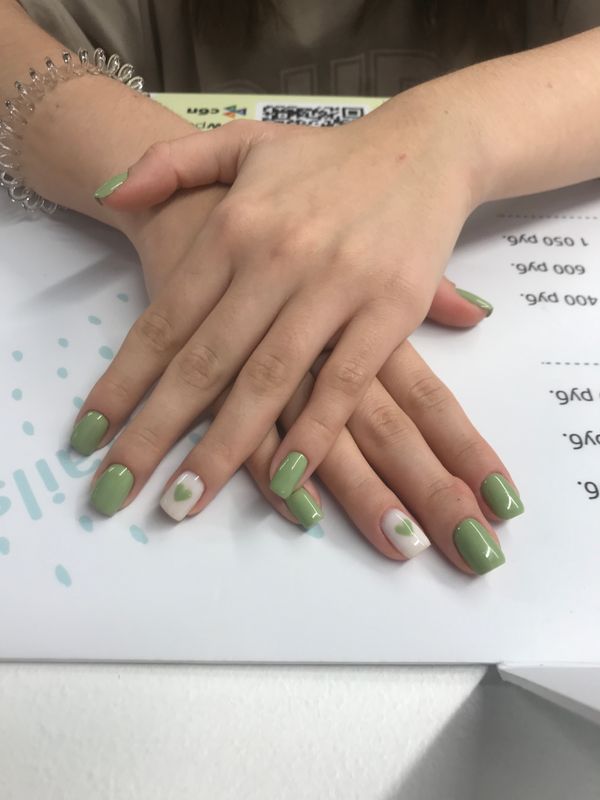 Маникюр, мята, глянцевый, комбинированный, дизайн, сердечки