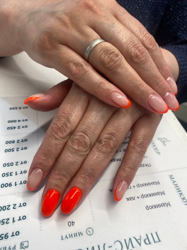 глянцевый, оранжевый, комбинированный, Маникюр, на каждый день, дизайн, френч