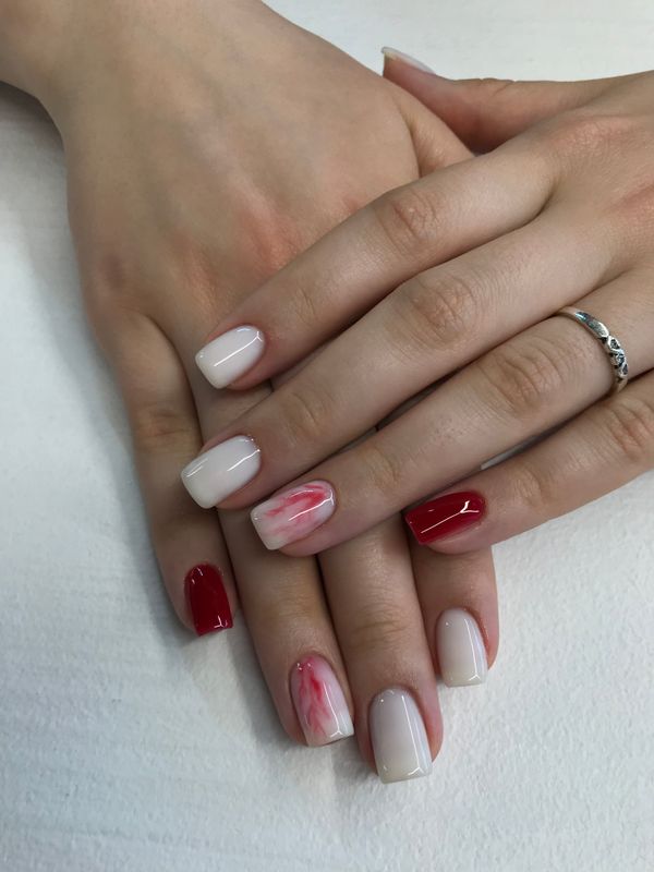 глянцевый, разная длинна, белый, Маникюр, дизайн, абстракция, комбинированный, мрамор, минимализм