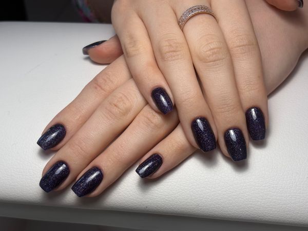 глянцевый, темносиний, лак с блестками, однотон, Маникюр