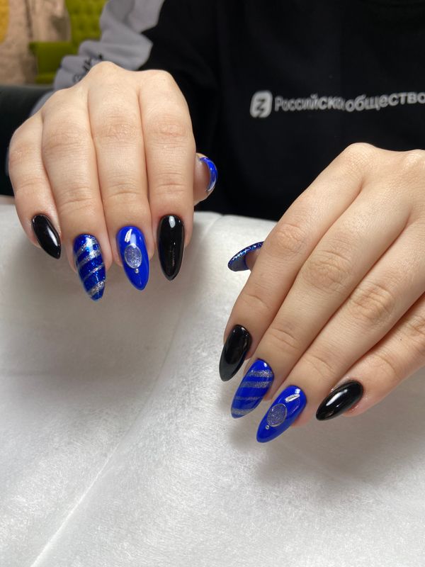Маникюр, синий, глянцевый, черный, дизайн, комбинированный, блестки, Стемпинг, полоски, абстракция