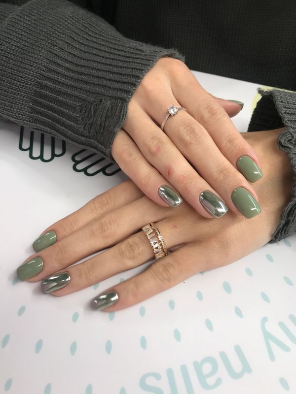 Маникюр, оливковый, глянцевый, дизайн, втирка