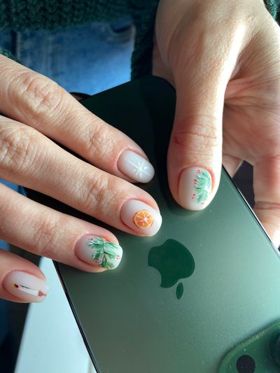 дизайн, глянцевый, матовый, новогодний, рисунок, снег, ломтик цитруса, веточка, карамельная трость, свеча, разные цвета, малахит, слоновая кость, комбинированный, зеленый, оранжевый, белый