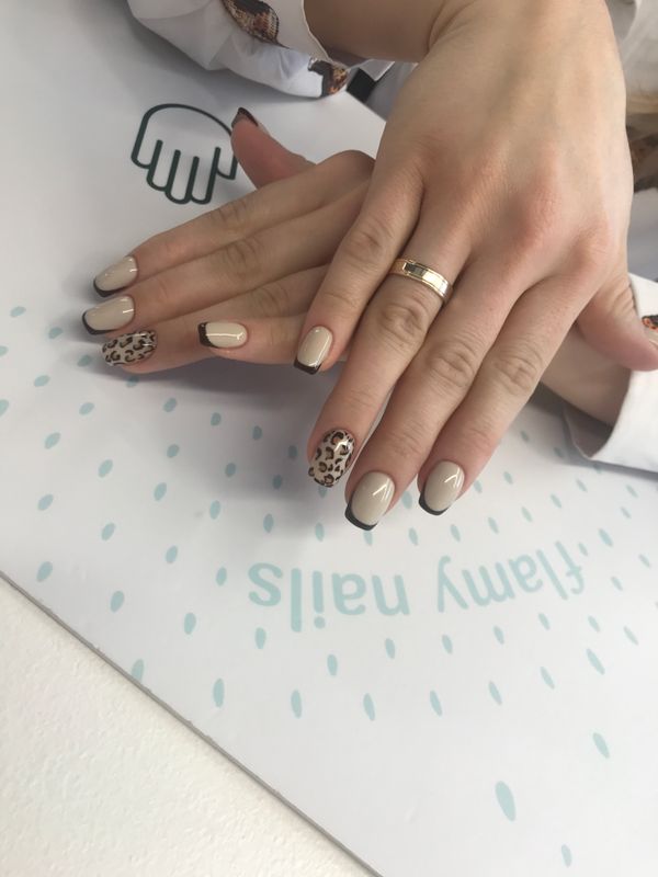 Маникюр, слоновая кость, глянцевый, нюд, дизайн, френч, Стемпинг, леопард, оригинальный
