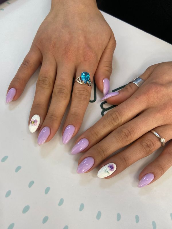 Маникюр, лавандовый, глянцевый, комбинированный, дизайн, цветы, нежный, прованс