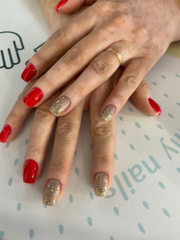 глянцевый, красный, лак с блестками, комбинированный, Маникюр