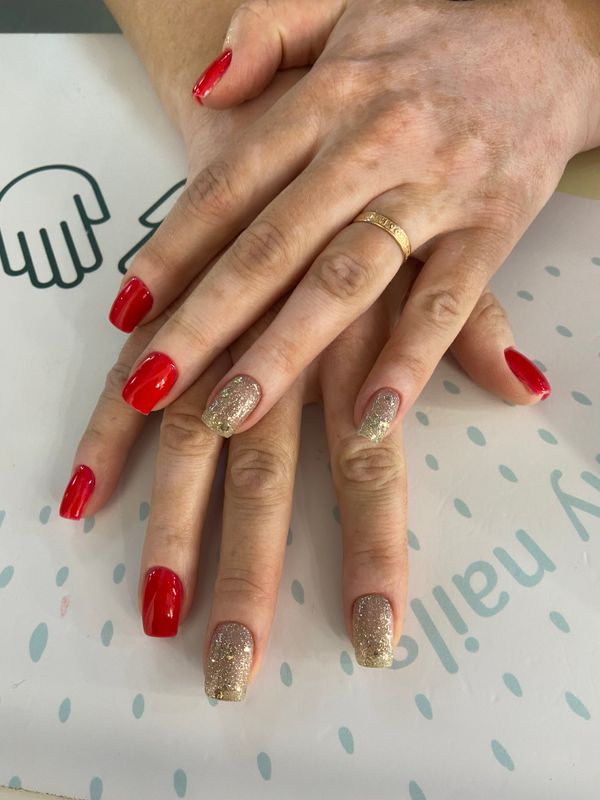 глянцевый, красный, лак с блестками, комбинированный, Маникюр