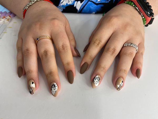 Маникюр, матовый, дизайн, рисунок, абстракция, скульптура, коричневый, комбинированный