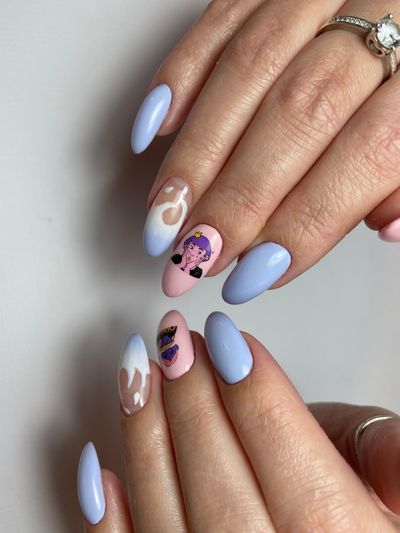 дизайн, рисунок, мультяшка, абстракция, блестки, орнамент, растяжка, разные цвета, белый, розовый, голубой, синий