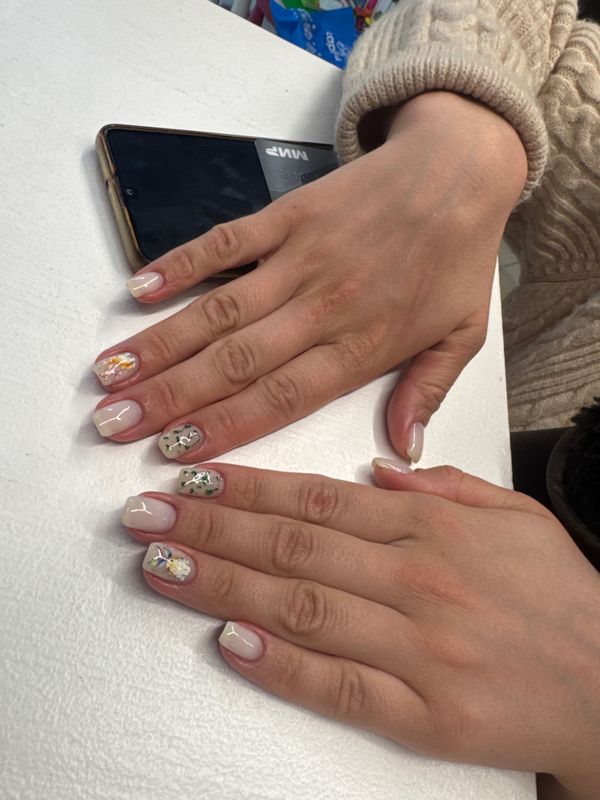 глянцевый, молочный, Маникюр, на каждый день, дизайн, наклейка, цветы, сухоцвет, минимализм