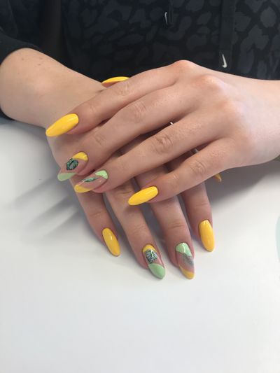 Маникюр, дизайн, глянцевый, Стемпинг, лист, геометрия, абстракция, разные цвета, желтый, натуральный, прозрачный, камуфляж, мята, зеленый